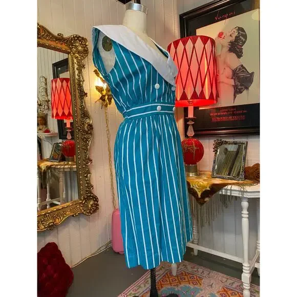 Vintage 1980s teal striped dress sailor collar cotton 80s style large retro 38 - Picture 6 of 9